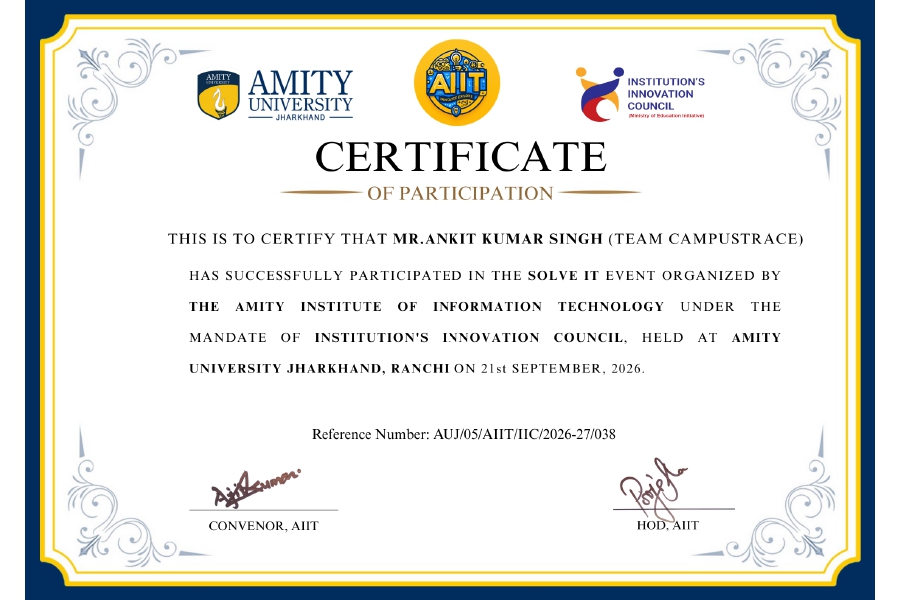 Amity University Jharkhand Solve IT Certificate